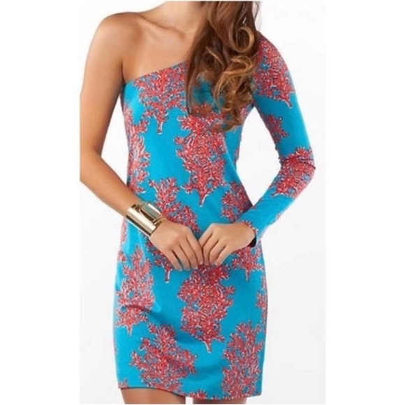 LILLY PULITZER Turquoise Coral Siesta One Sleeve Silk Blend Dress XS - Picture 1 of 10